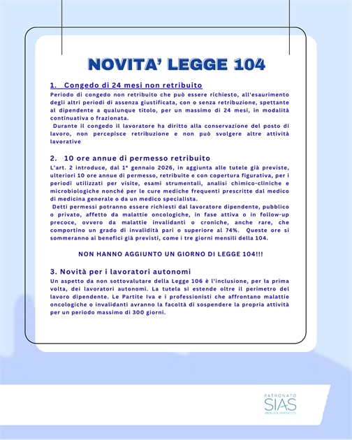 LEGGE 104 - NOVITA&rsquo; 2026